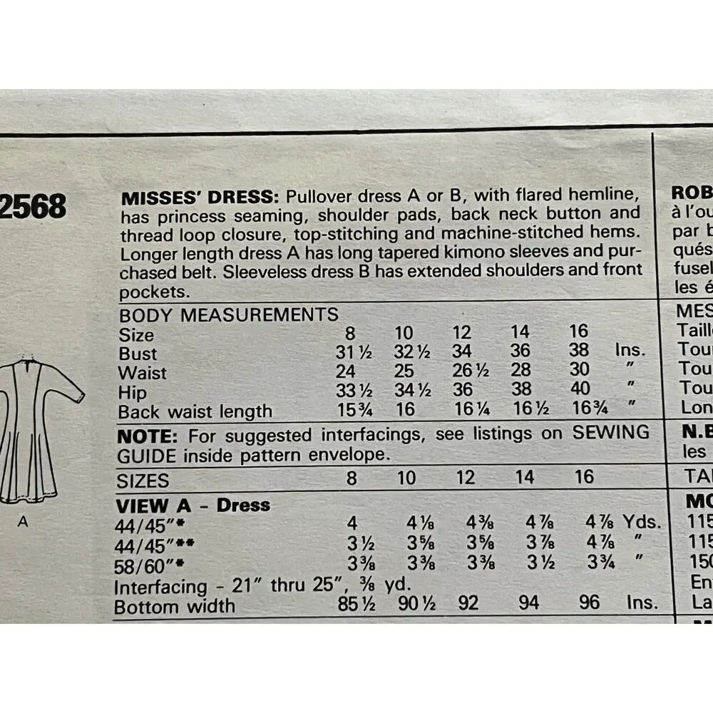 McCalls pattern 2568 midi dress fit and flare dolman sleeve Size 16